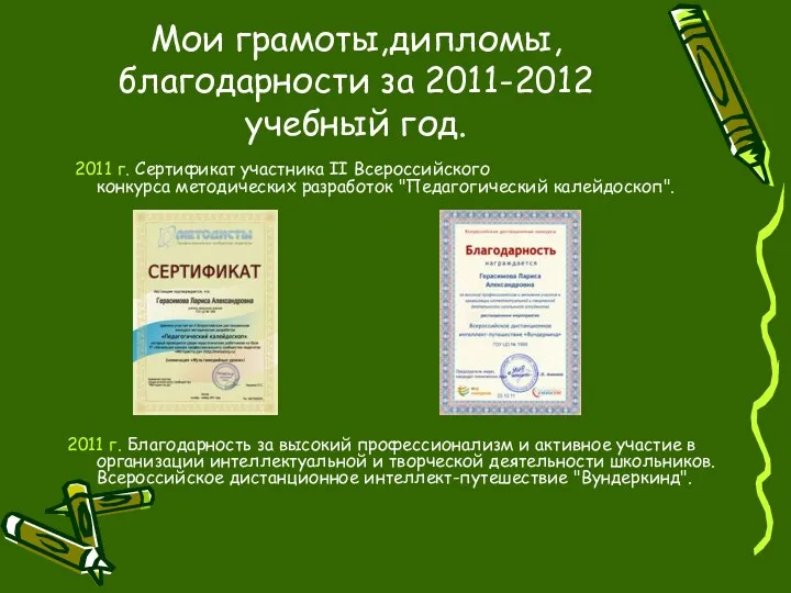 Мои грамоты,дипломы, благодарности за 2011-2012 учебный год. 2011 г. Сертификат