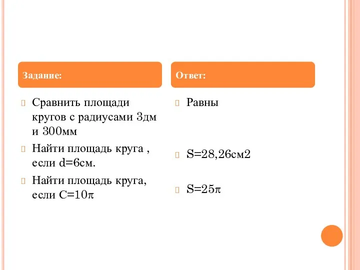 Сравнить площади кругов с радиусами 3дм и 300мм Найти площадь