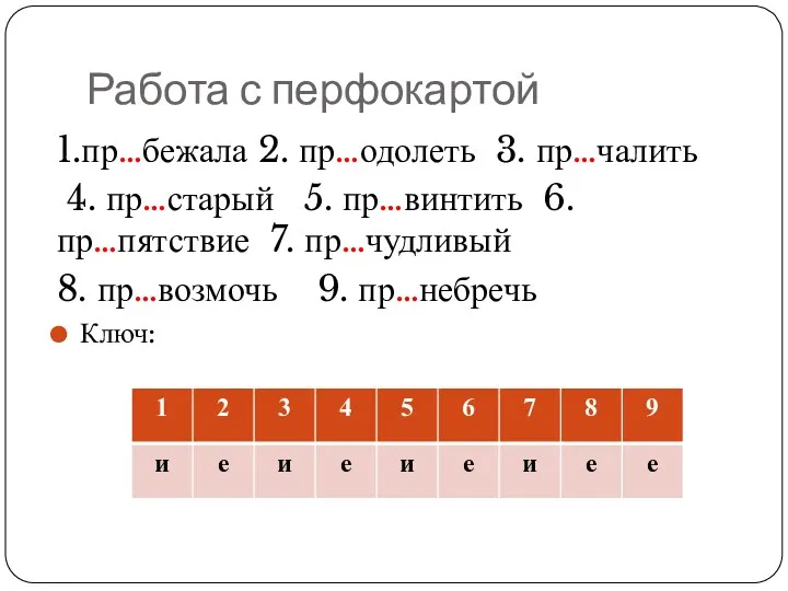 Работа с перфокартой 1.пр…бежала 2. пр…одолеть 3. пр…чалить 4. пр…старый