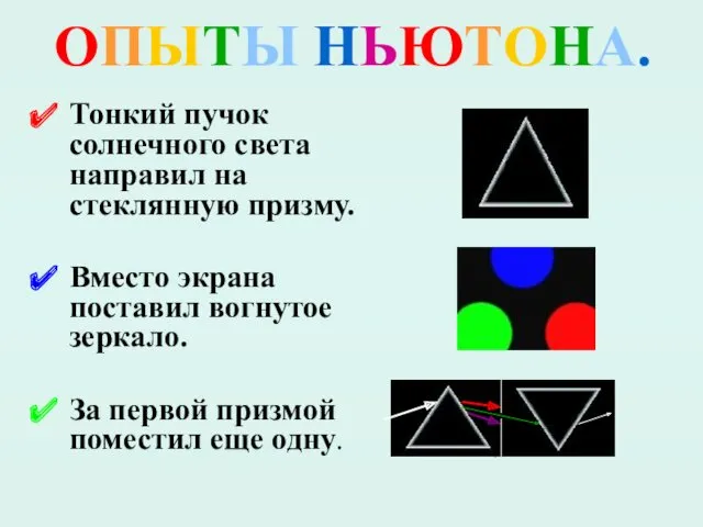 ОПЫТЫ НЬЮТОНА. Тонкий пучок солнечного света направил на стеклянную призму. Вместо экрана поставил