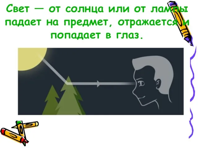 Свет — от солнца или от лампы падает на предмет, отражается и попадает в глаз.