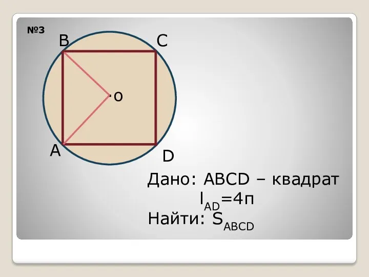 №3 ·о В А D С Дано: АВСD – квадрат lАD=4π Найти: ЅАВСD