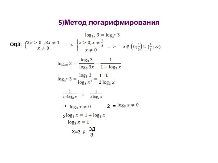 5)Метод логарифмирования ОДЗ: = = x = = 1+ , 2 1+ 2 X=3 ОДЗ