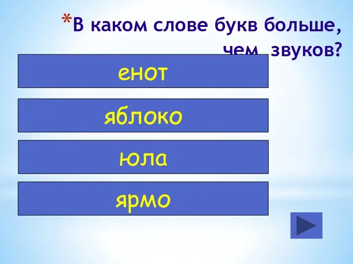 В каком слове букв больше, чем звуков? енот яблоко юла ярмо