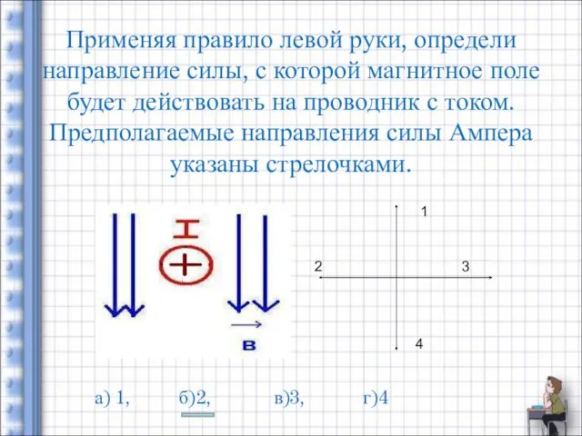 Применяя правило левой руки, определи направление силы, с которой магнитное поле будет действовать