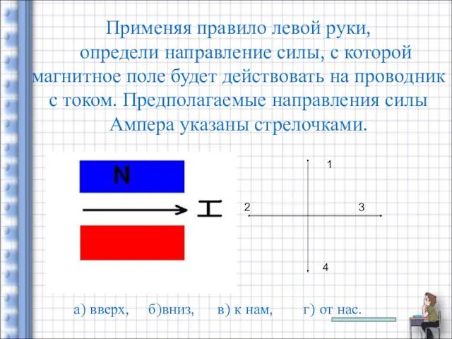 Применяя правило левой руки, определи направление силы, с которой магнитное поле будет действовать