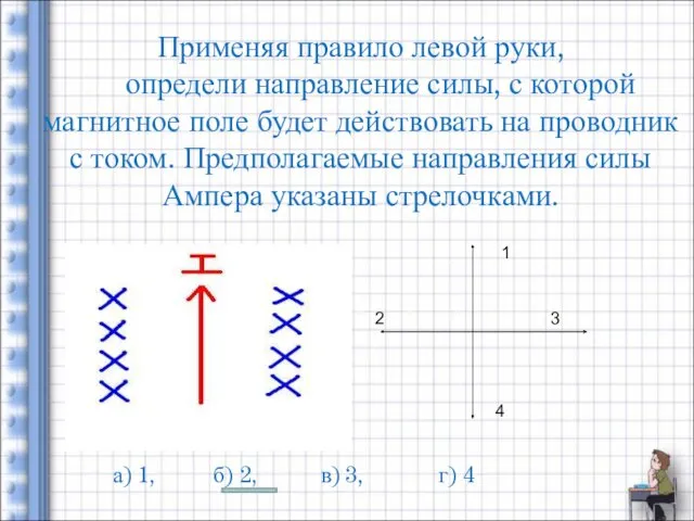 Применяя правило левой руки, определи направление силы, с которой магнитное поле будет действовать