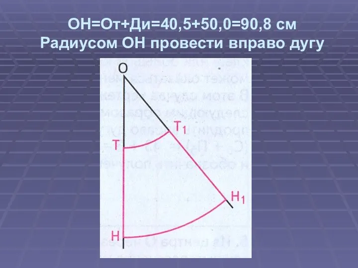 ОН=От+Ди=40,5+50,0=90,8 см Радиусом ОН провести вправо дугу