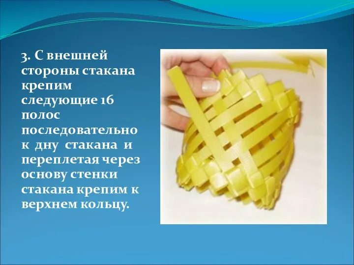 3. С внешней стороны стакана крепим следующие 16 полос последовательно