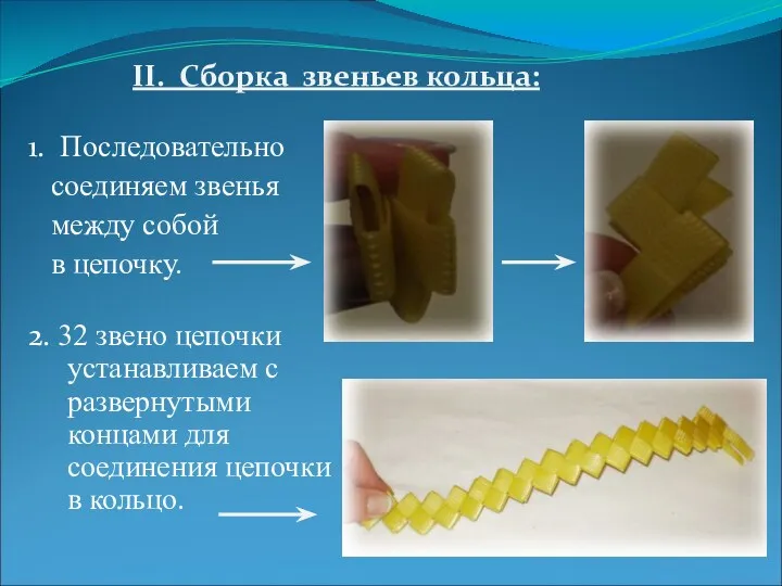 II. Сборка звеньев кольца: 1. Последовательно соединяем звенья между собой