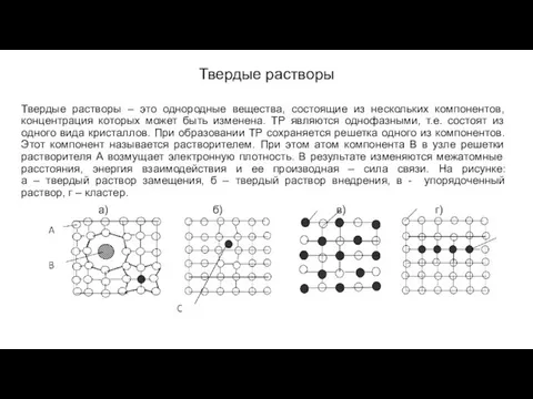 Твердые растворы Твердые растворы – это однородные вещества, состоящие из