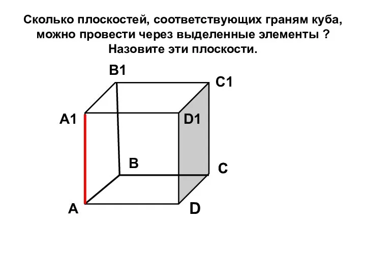 Сколько плоскостей, соответствующих граням куба, можно провести через выделенные элементы ? Назовите эти