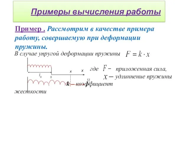 Примеры вычисления работы В случае упругой деформации пружины где приложенная