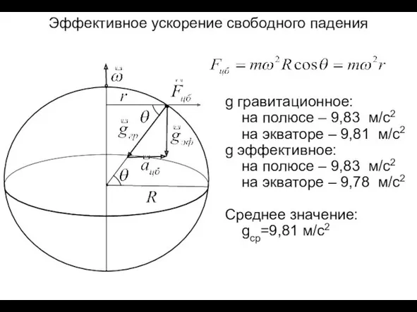 Эффективное ускорение свободного падения g гравитационное: на полюсе – 9,83