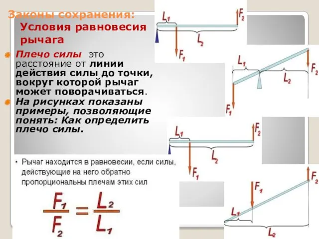 Законы сохранения: Условия равновесия рычага Плечо силы это расстояние от