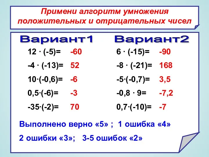 Примени алгоритм умножения положительных и отрицательных чисел Вариант1 Вариант2 12