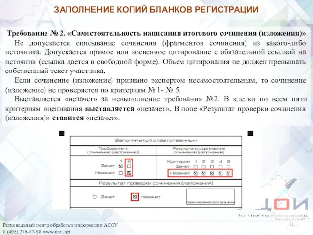 Требование № 2. «Самостоятельность написания итогового сочинения (изложения)» Не допускается