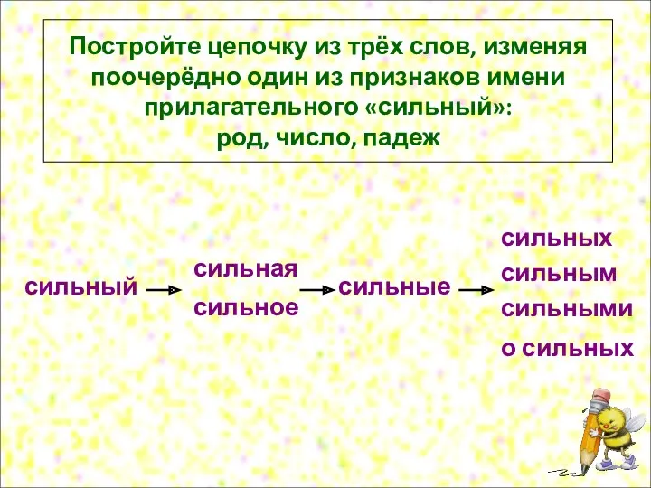 сильный Постройте цепочку из трёх слов, изменяя поочерёдно один из