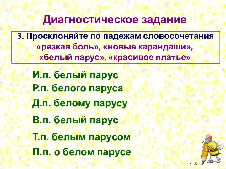 Диагностическое задание 3. Просклоняйте по падежам словосочетания «резкая боль», «новые