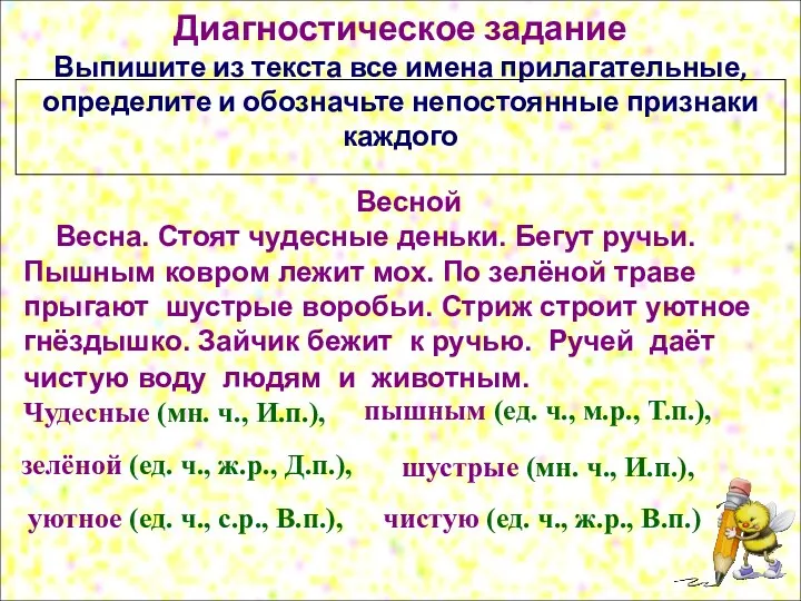 Диагностическое задание Выпишите из текста все имена прилагательные, определите и