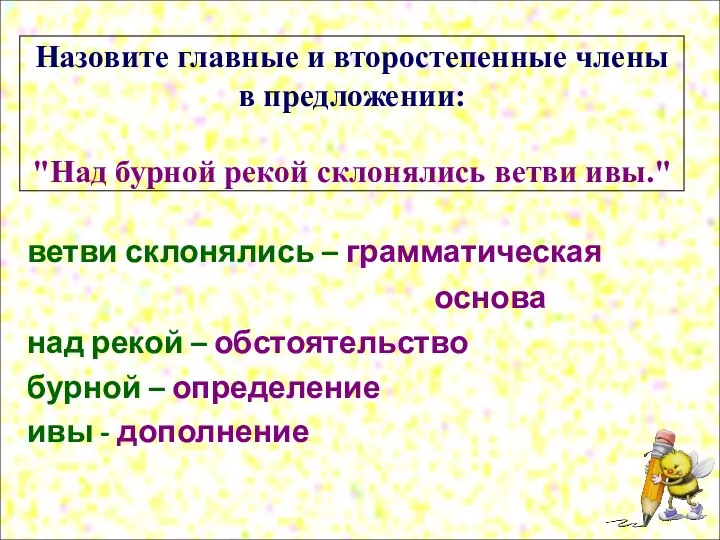 Назовите главные и второстепенные члены в предложении: "Над бурной рекой