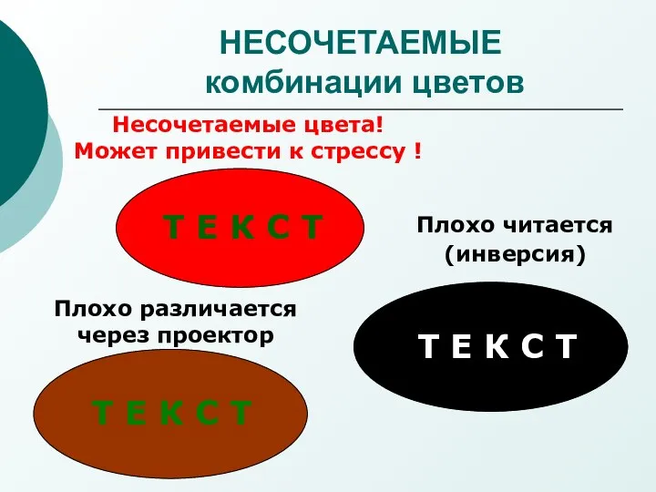 НЕСОЧЕТАЕМЫЕ комбинации цветов Т Е К С Т Несочетаемые цвета!