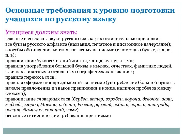 Основные требования к уровню подготовки учащихся по русскому языку Учащиеся должны знать: гласные