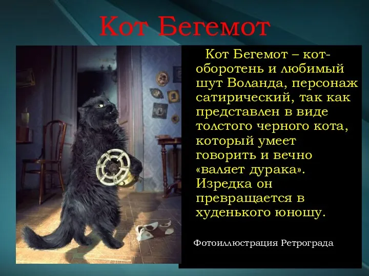 Кот Бегемот Кот Бегемот – кот-оборотень и любимый шут Воланда,