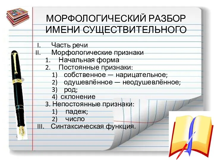 МОРФОЛОГИЧЕСКИЙ РАЗБОР ИМЕНИ СУЩЕСТВИТЕЛЬНОГО Часть речи Морфологические признаки 1. Начальная