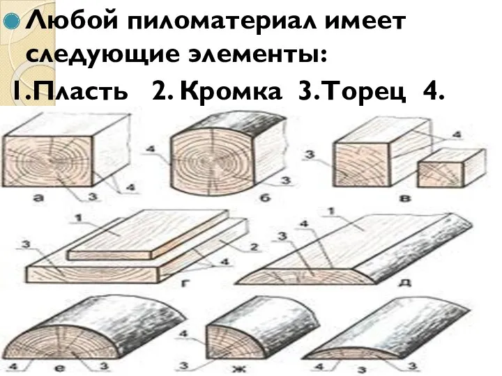 Любой пиломатериал имеет следующие элементы: 1.Пласть 2. Кромка 3.Торец 4.Ребро