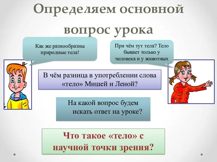 Определяем основной вопрос урока Как же разнообразны природные тела! При чём тут тела?