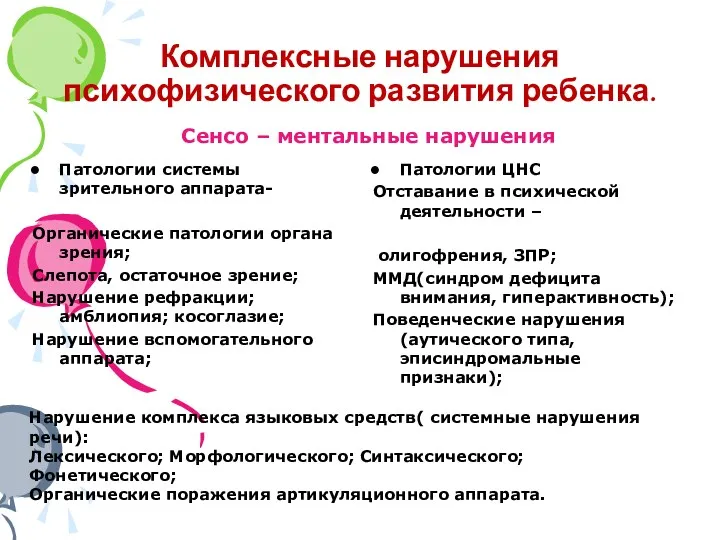 Комплексные нарушения психофизического развития ребенка. Патологии системы зрительного аппарата- Органические патологии органа зрения;