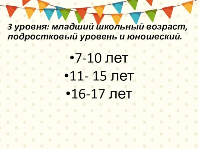 3 уровня: младший школьный возраст, подростковый уровень и юношеский. 7-10 лет 11- 15 лет 16-17 лет