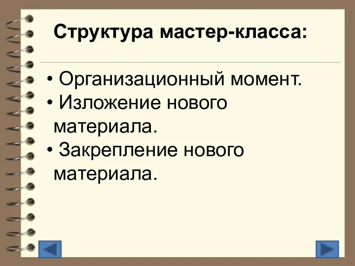 Структура мастер-класса: Организационный момент. Изложение нового материала. Закрепление нового материала.