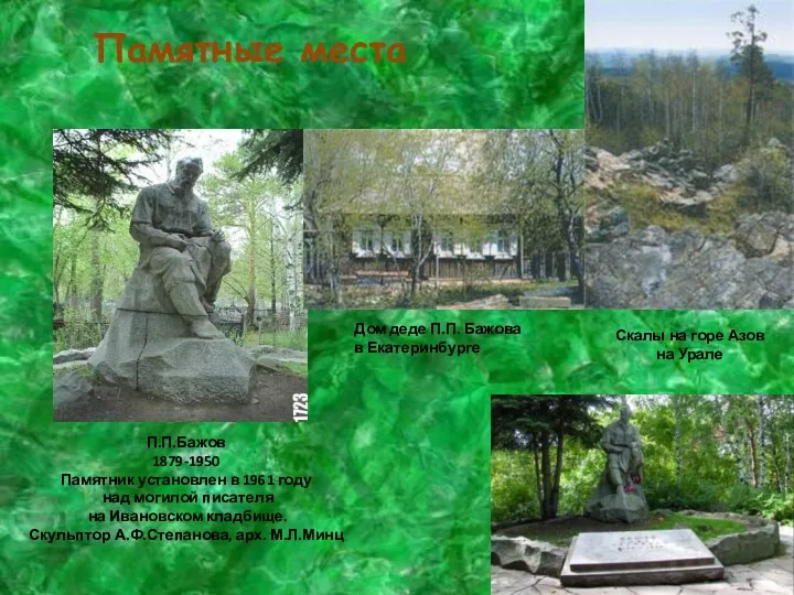 Памятные места П.П.Бажов 1879-1950 Памятник установлен в 1961 году над