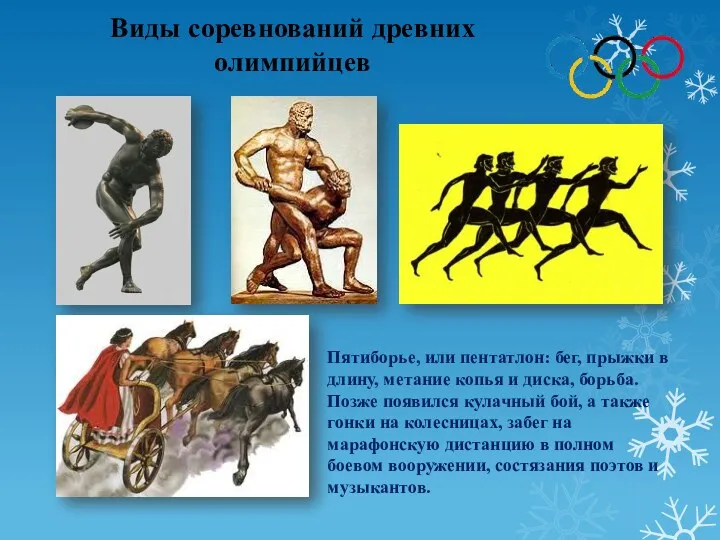 Виды соревнований древних олимпийцев Пятиборье, или пентатлон: бег, прыжки в длину, метание копья