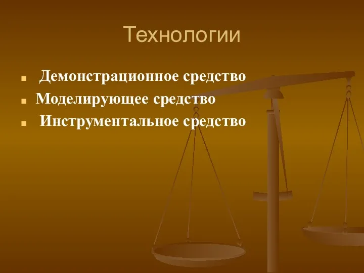 Технологии Демонстрационное средство Моделирующее средство Инструментальное средство