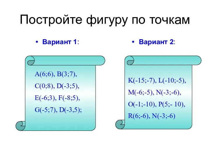 Постройте фигуру по точкам Вариант 1: Вариант 2: K(-15;-7), L(-10;-5), M(-6;-5), N(-3;-6), O(-1;-10),