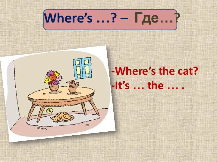 Where’s …? – Где…? Where’s the cat? It’s … the … .