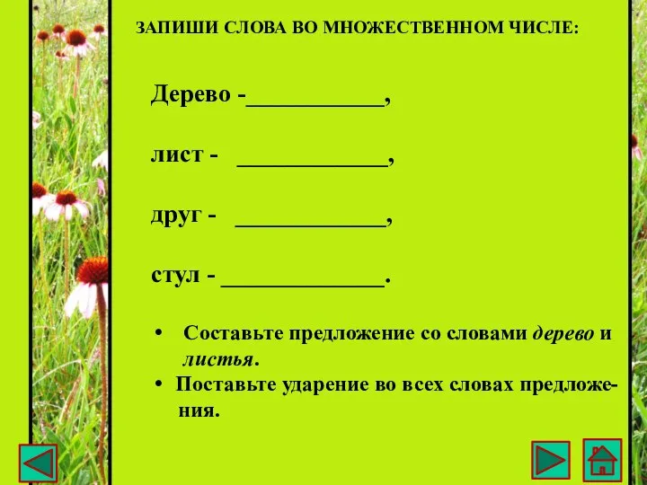 Запиши слова во множественном числе: Дерево -___________, лист - ____________,