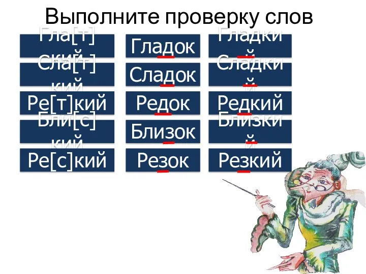 Выполните проверку слов Гла[т]кий Гладок Гладкий Сла[т]кий Сладок Сладкий Ре[т]кий