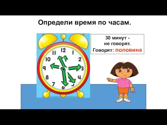 Определи время по часам. 30 минут - не говорят. Говорят: половина