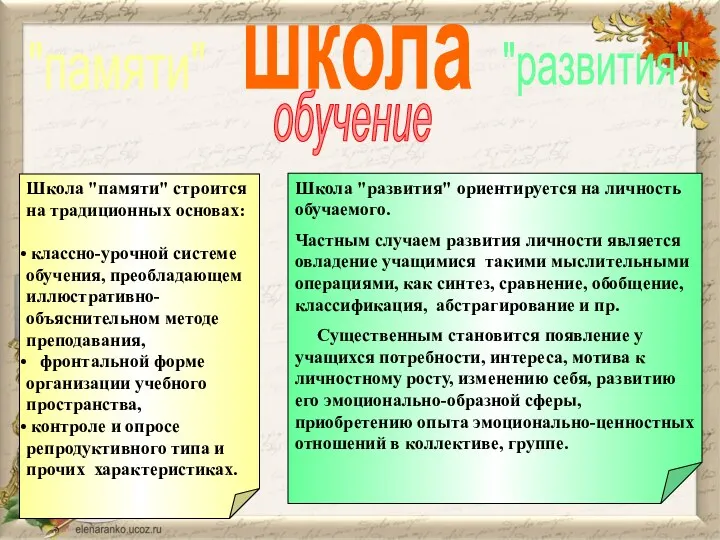 школа "памяти" "развития" обучение Школа "развития" ориентируется на личность обучаемого.