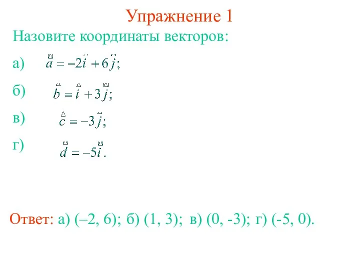 Упражнение 1 Ответ: а) (–2, 6); б) (1, 3); в) (0, -3); г) (-5, 0).