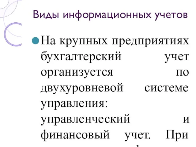 Виды информационных учетов На крупных предприятиях бухгалтерский учет организуется по