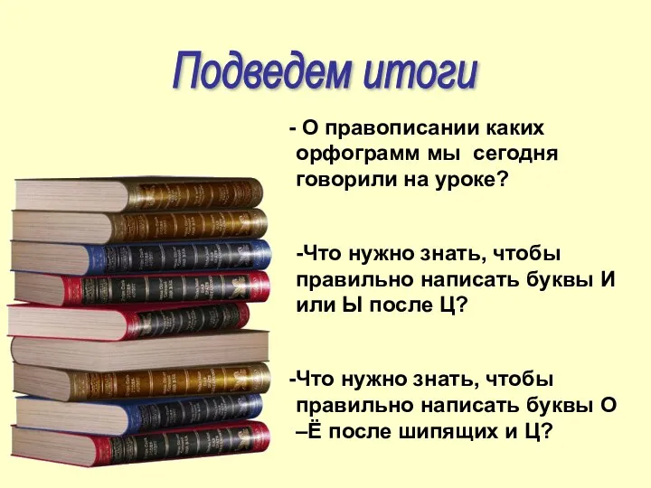 Подведем итоги О правописании каких орфограмм мы сегодня говорили на