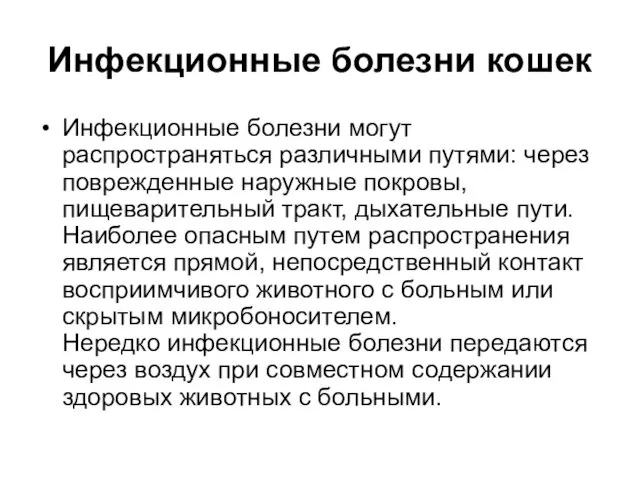 Инфекционные болезни кошек Инфекционные болезни могут распространяться различными путями: через