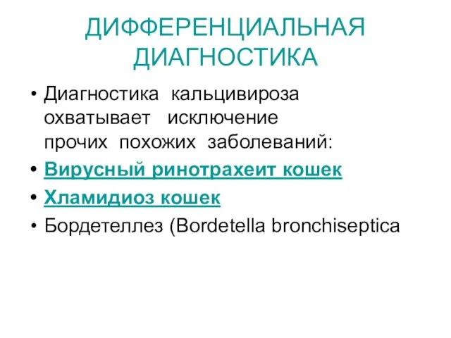 ДИФФЕРЕНЦИАЛЬНАЯ ДИАГНОСТИКА Диагностика кальцивироза охватывает исключение прочих похожих заболеваний: Вирусный