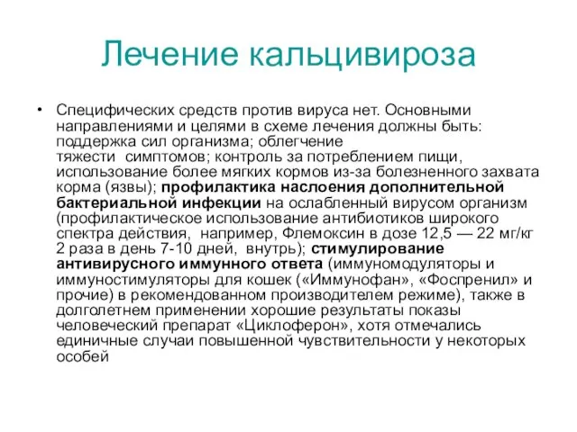 Лечение кальцивироза Специфических средств против вируса нет. Основными направлениями и