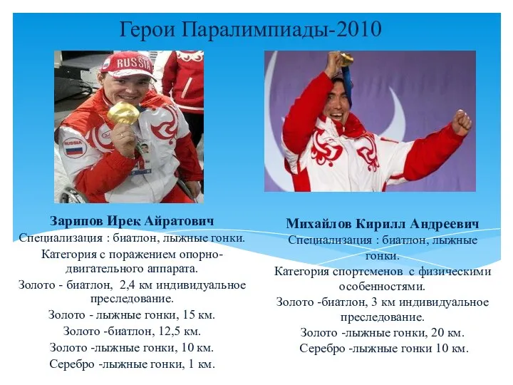 Герои Паралимпиады-2010 Зарипов Ирек Айратович Специализация : биатлон, лыжные гонки. Категория с поражением